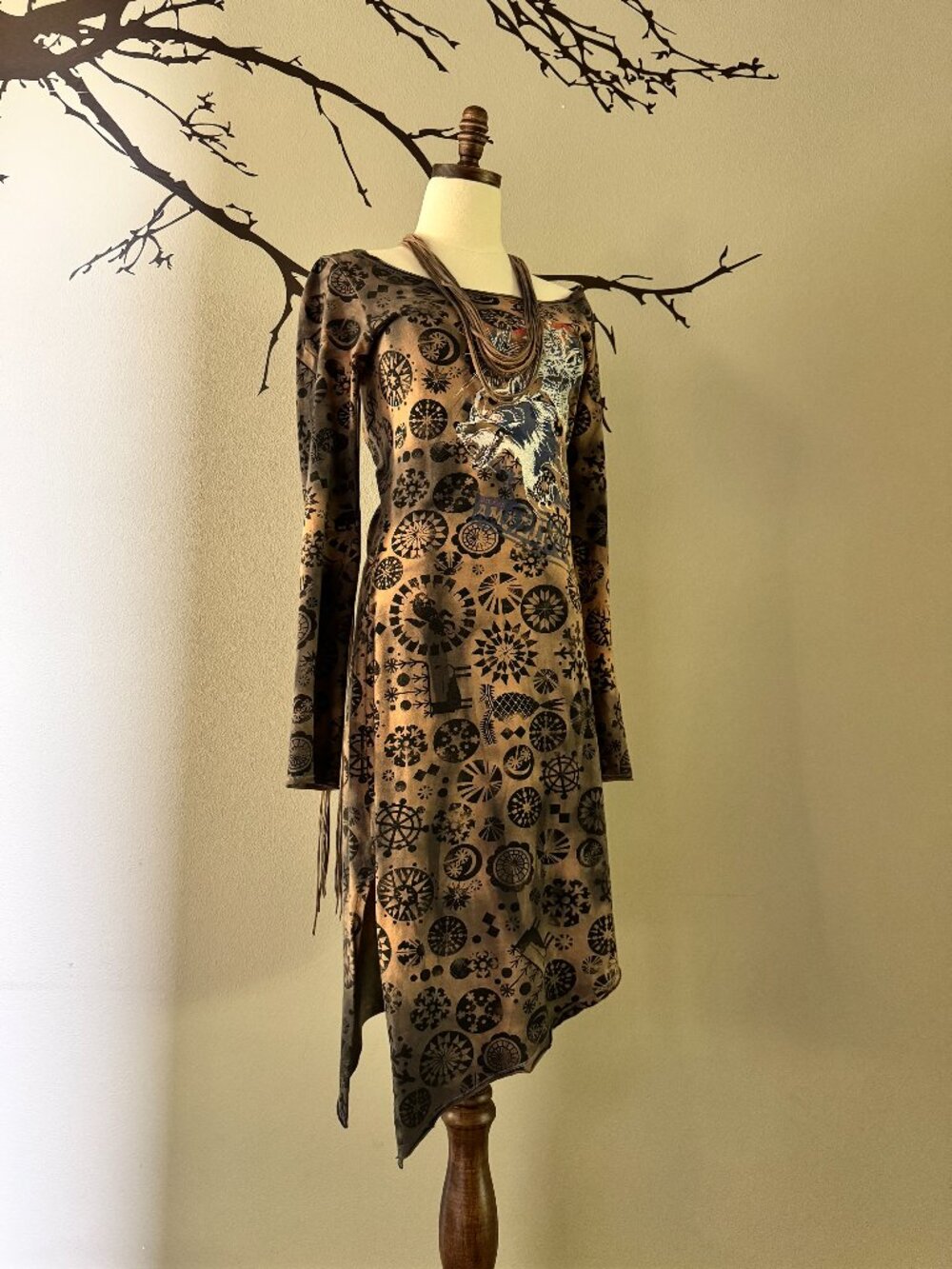 Vintage DIESEL Archive Y2K Wolf Medallion Cotton Knit Dress Asymmetric Hemline
